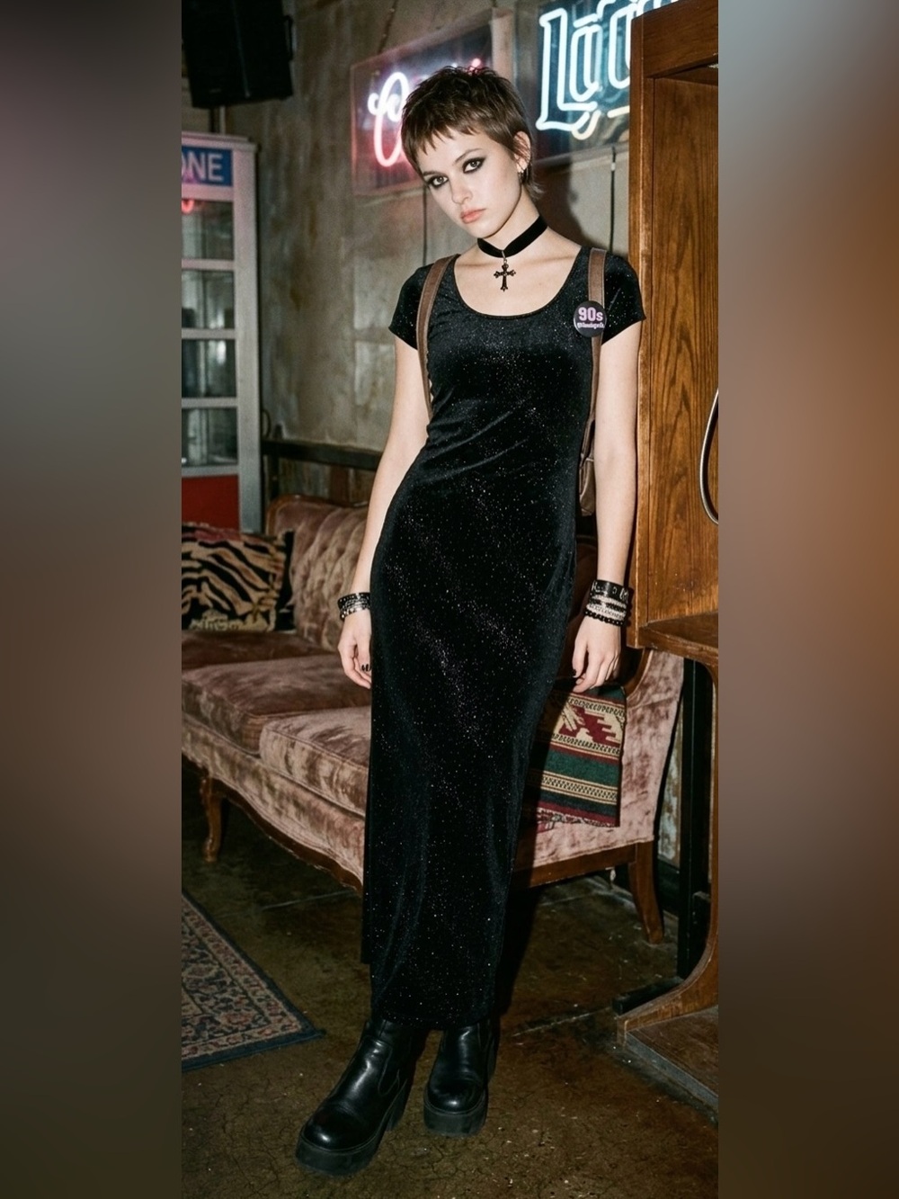 Vintage Dawn Joy Velvet Maxi Dress Glitter Infused Scoop Neck 90s Whimsigoth Y2K